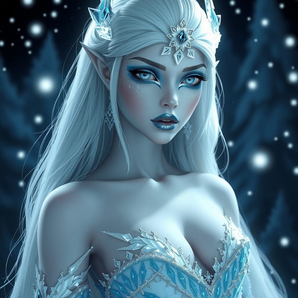 Elegant Ice Elf in Snowy Forest, Anime Style