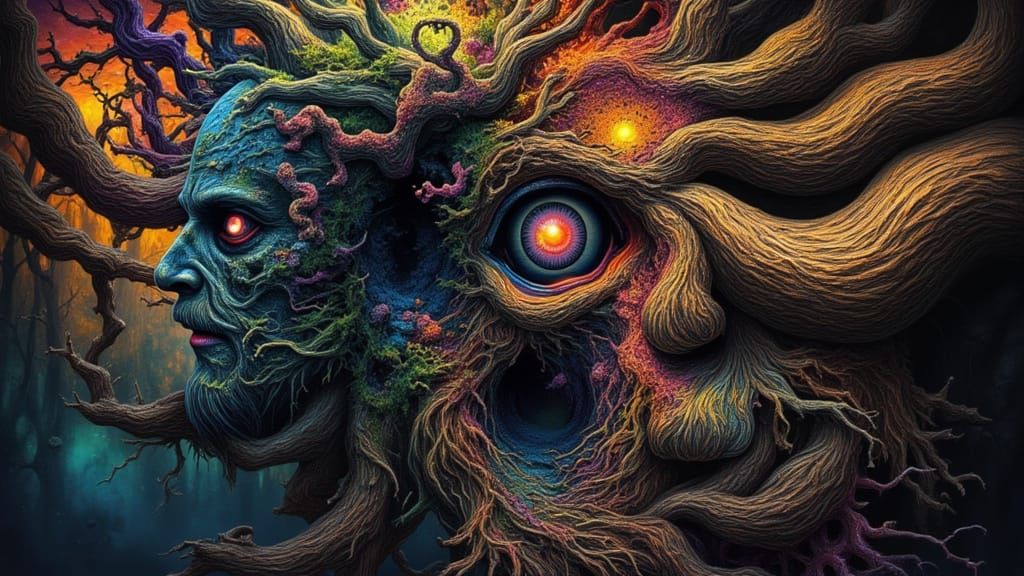 Fractal Faced Man with Rainbow Moss and Roots