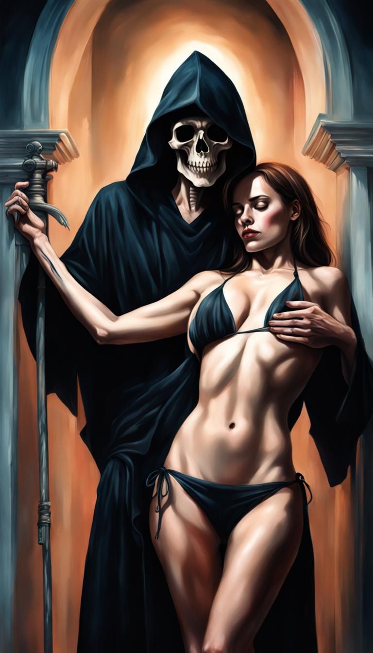 Hyperrealistic Grim Reaper Embraces Woman