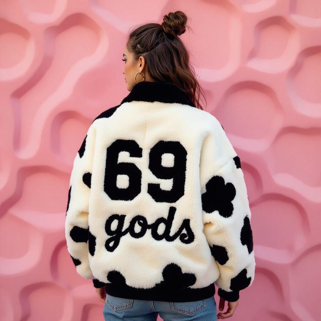 Woman in Plush Jacket Inspired by Surrealist Art