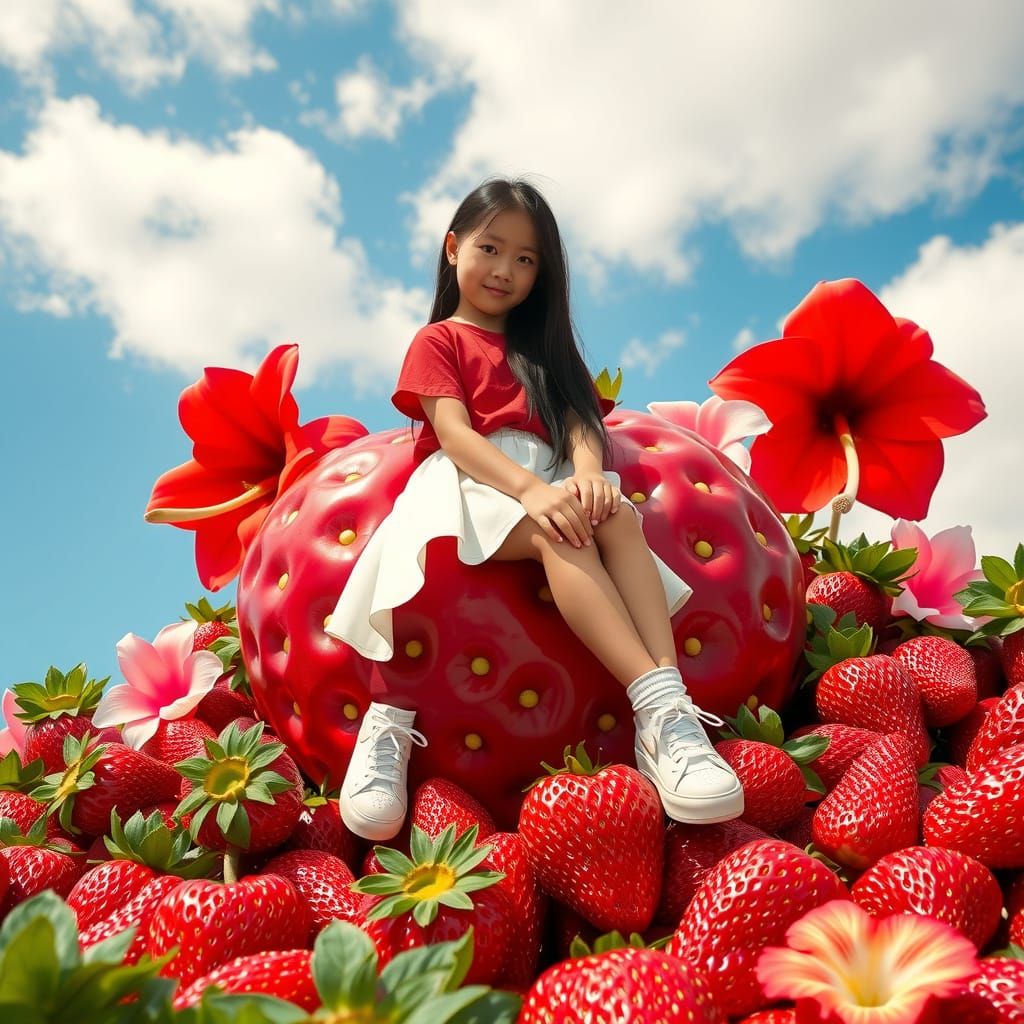 Girl on Strawberry with Tropical Flowers, 8k