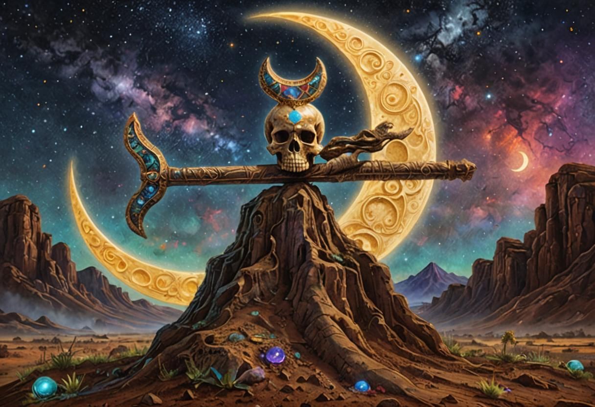 Skull and Staff Under Astral Moon in Mixed Media
