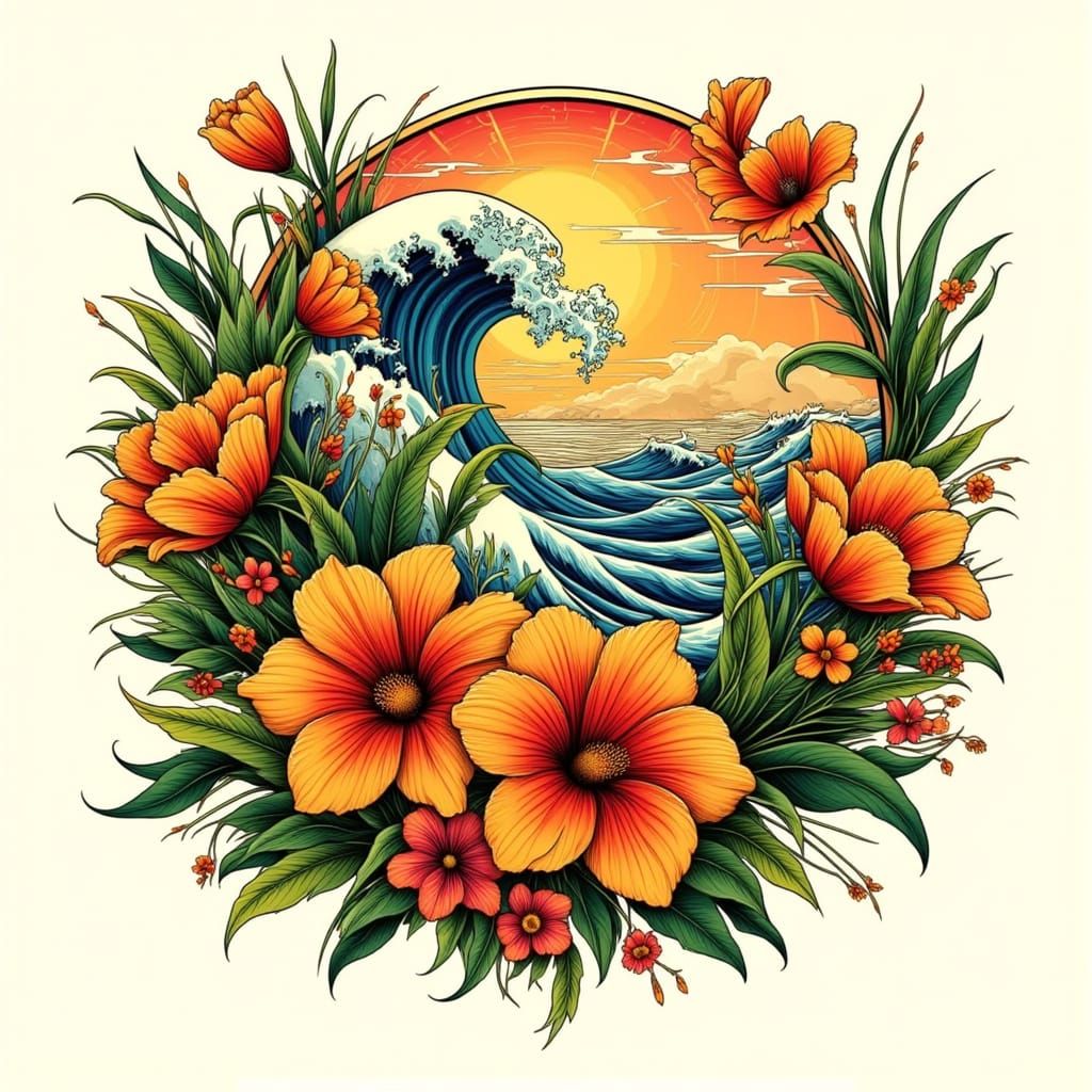 Neo-Traditional Tattoo Flash: Fiery Flowers on Beach Sunset