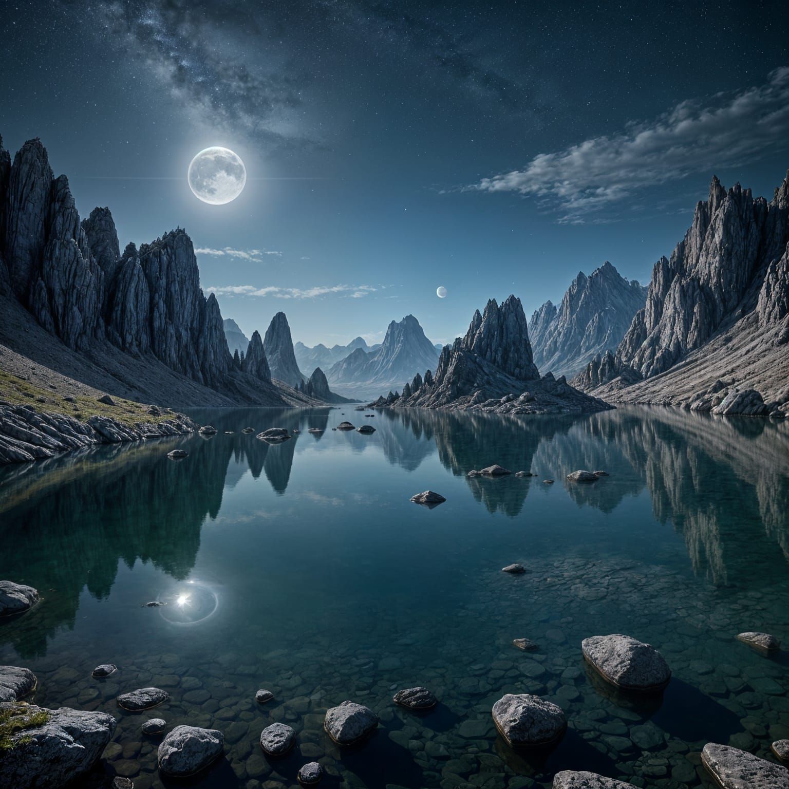 Blue Moonscape Reflection on Serene Lake