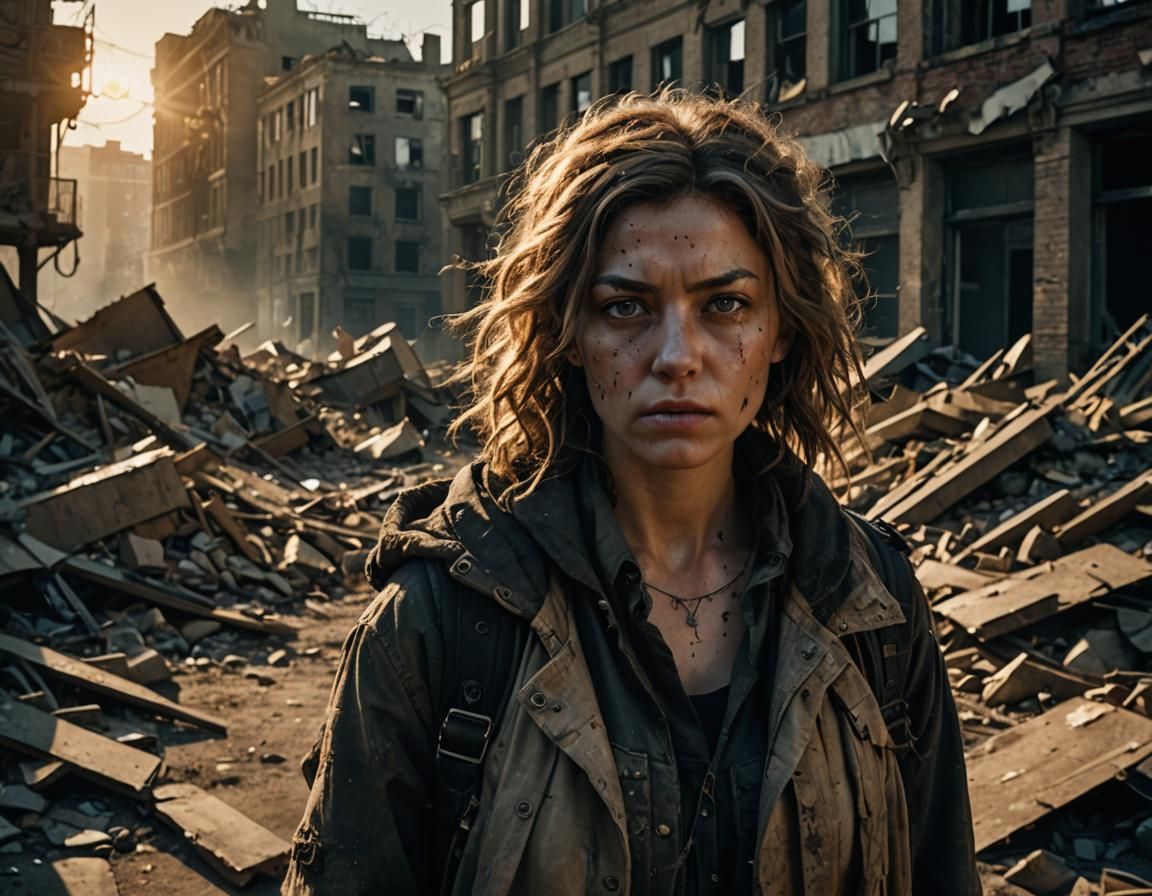 Post-Apocalyptic Woman in Ruined Cityscape
