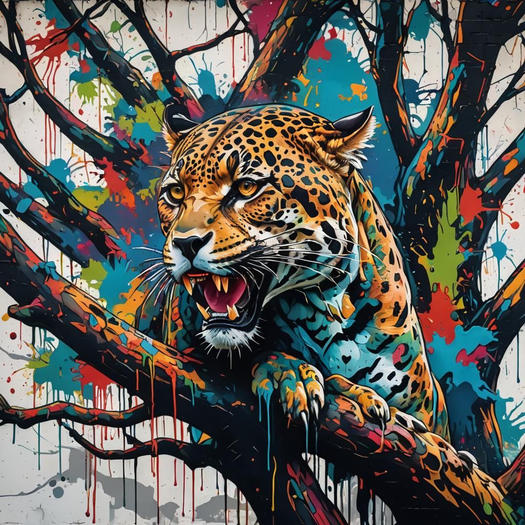 Jaguar with Prey in Vibrant Street Art Style