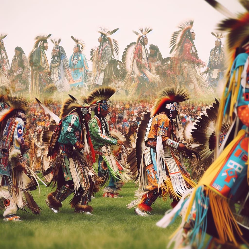 Native American Pow Wow Celebration in Vibrant Double Exposu...