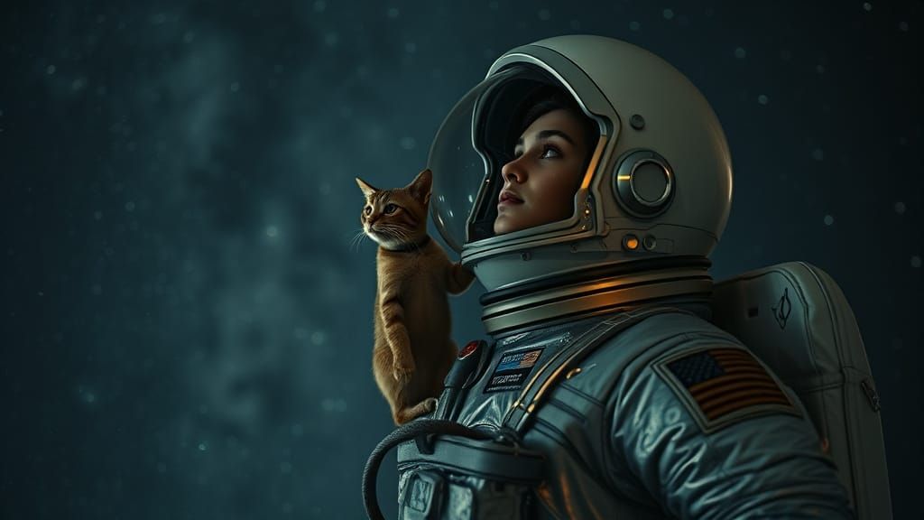 Astronaut and Curious Cat Gaze Out at the Cosmos