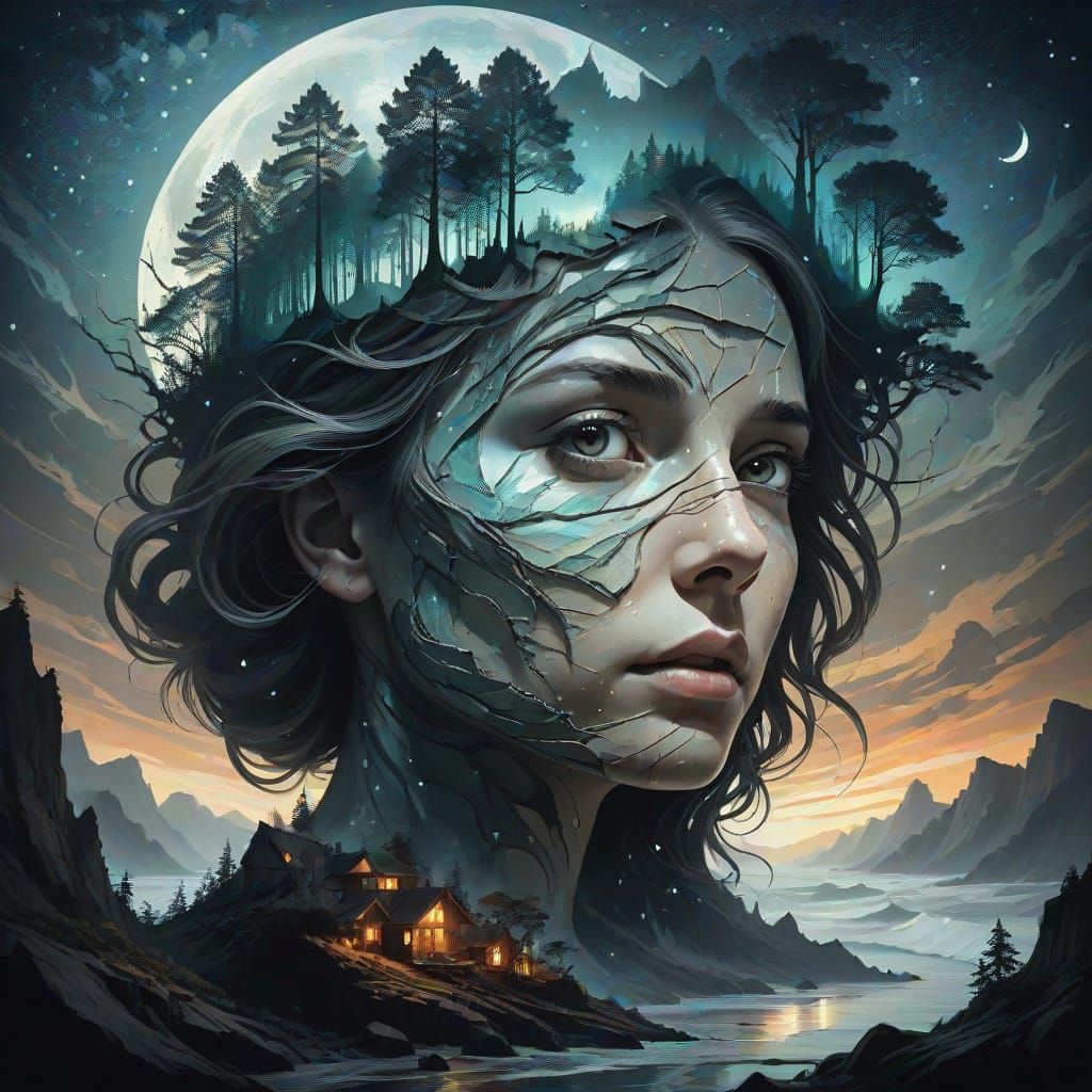 Surreal Forest Reflection in Newspaper Woman's Face