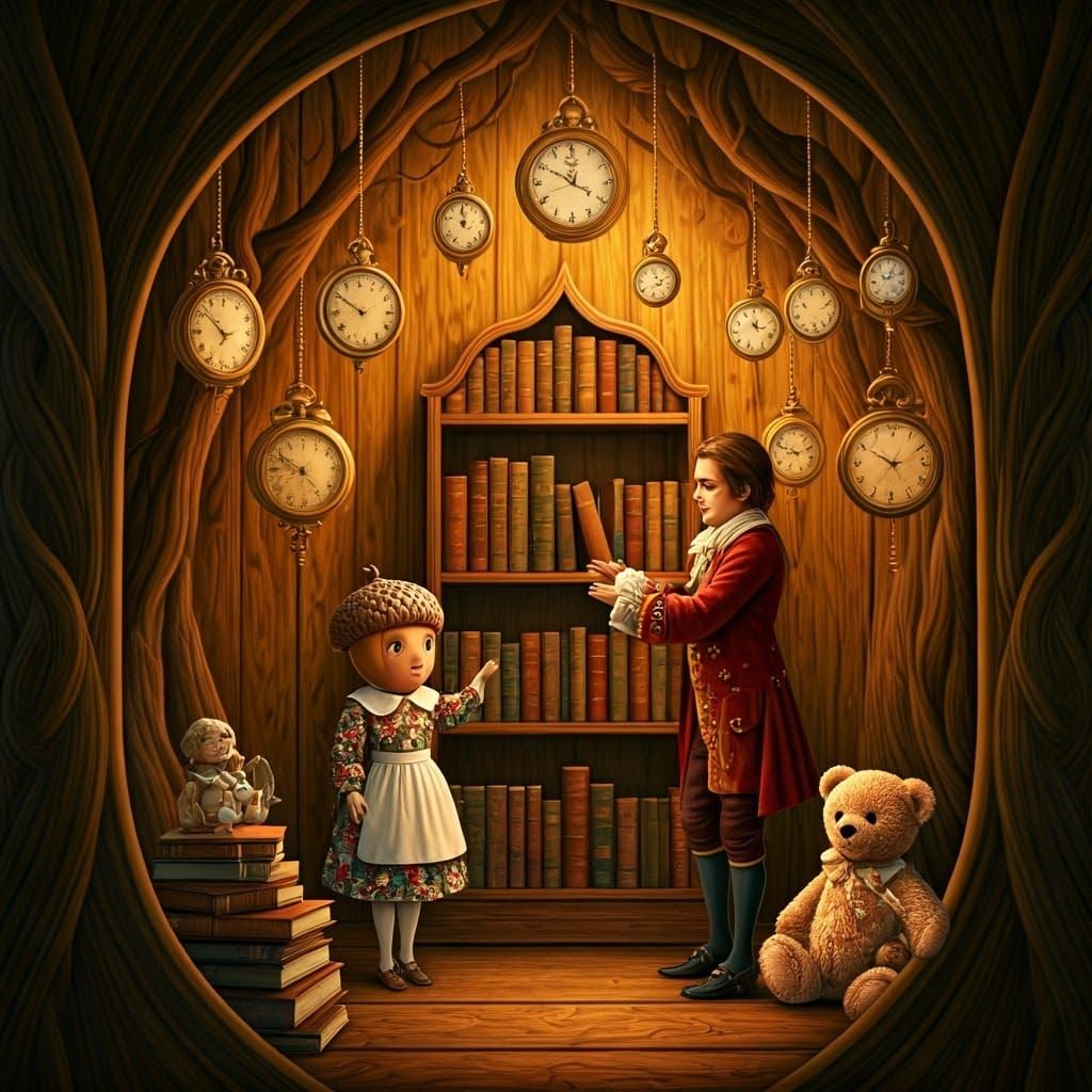Whimsical Forest Library with Dolls and Prince