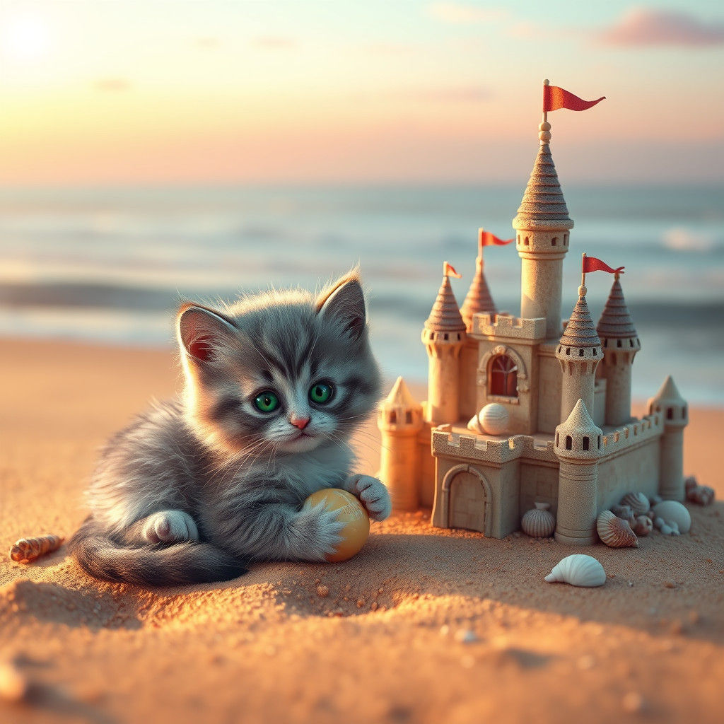 Kitten and Sandcastle on a Dreamy Beach