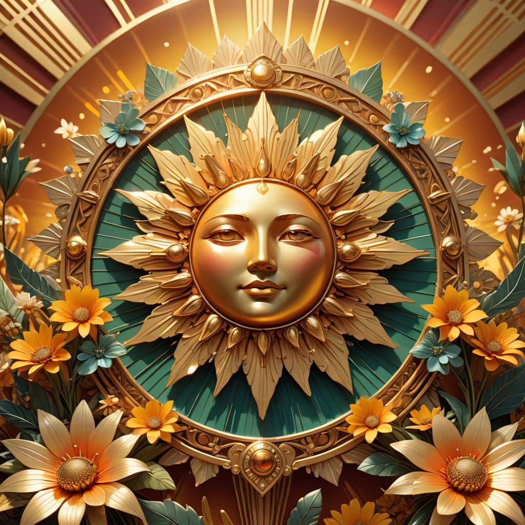 Art Deco Sun with Floral Crown in Fantasy