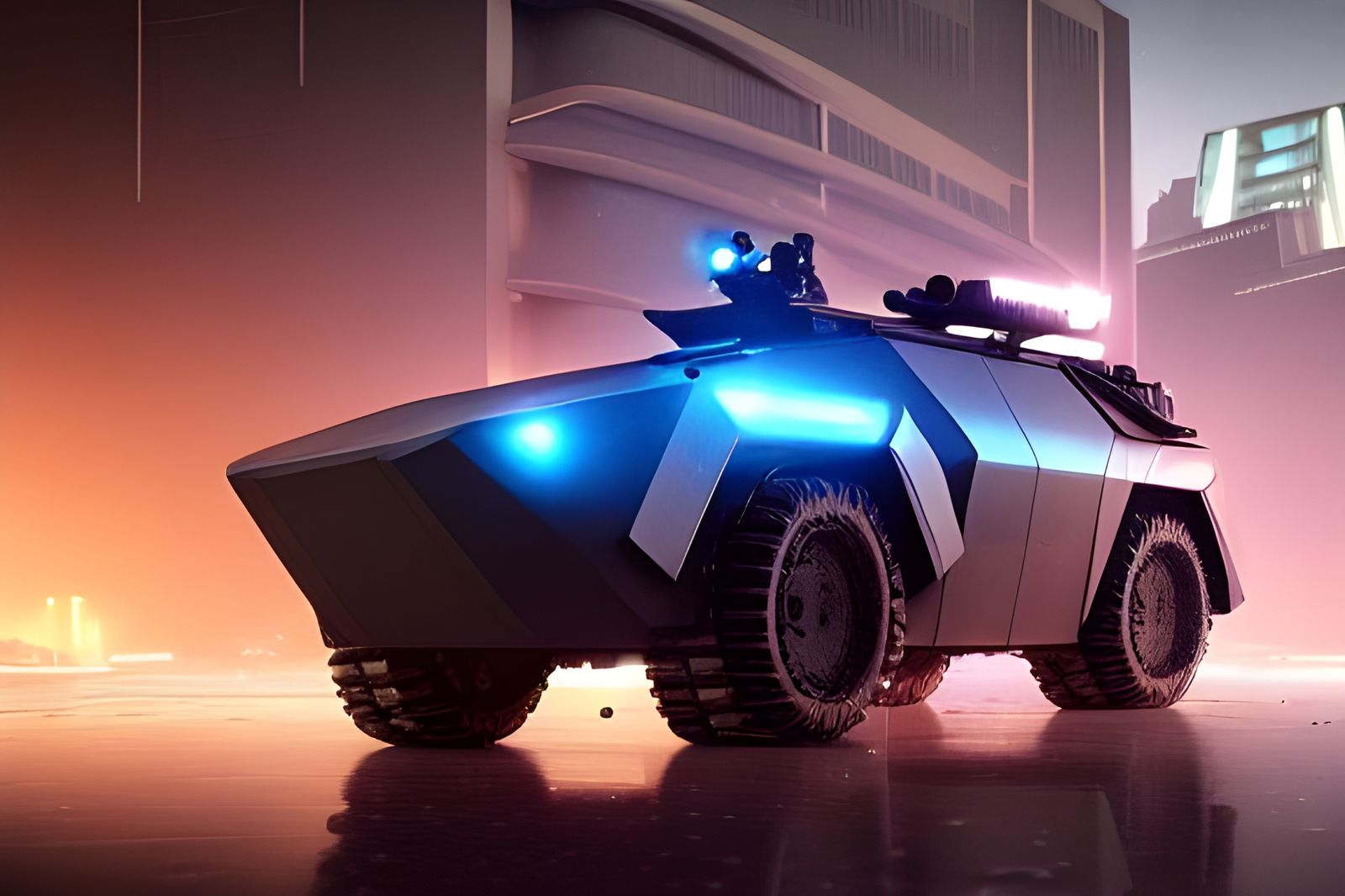 Futuristic Police Vehicle in Dystopian City, Sci-Fi Art
