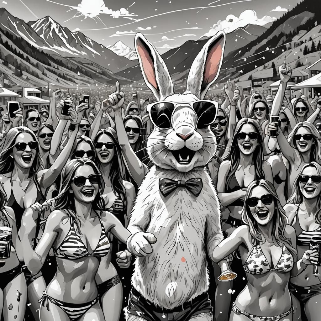 Easter Bunny Ski Party in Stylized Line Art