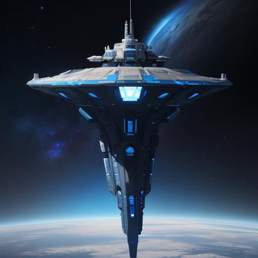 Blue and White Spaceship in Deep Space Concept Art