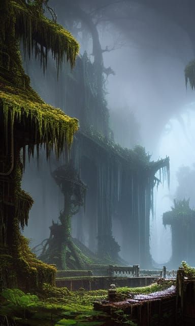 Lovecraftian Jungle Ruins in Ethereal Fantasy Style