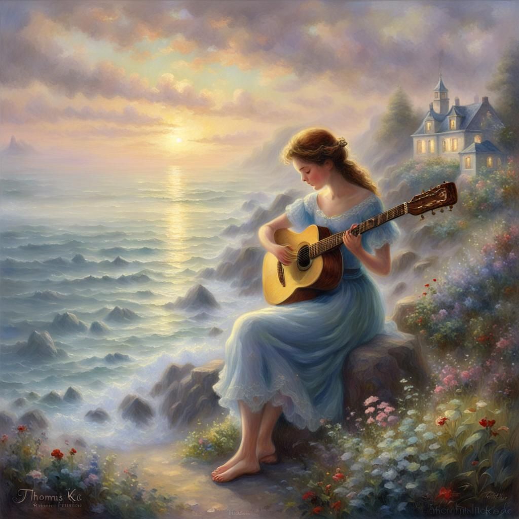 Girl Plays Guitar by Ocean: Ethereal Fantasy