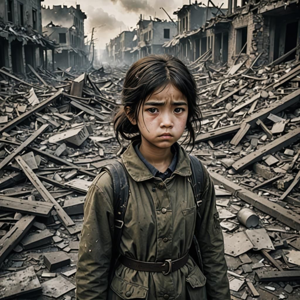 Sorrowful Girl Amidst War's Turmoil and Destruction