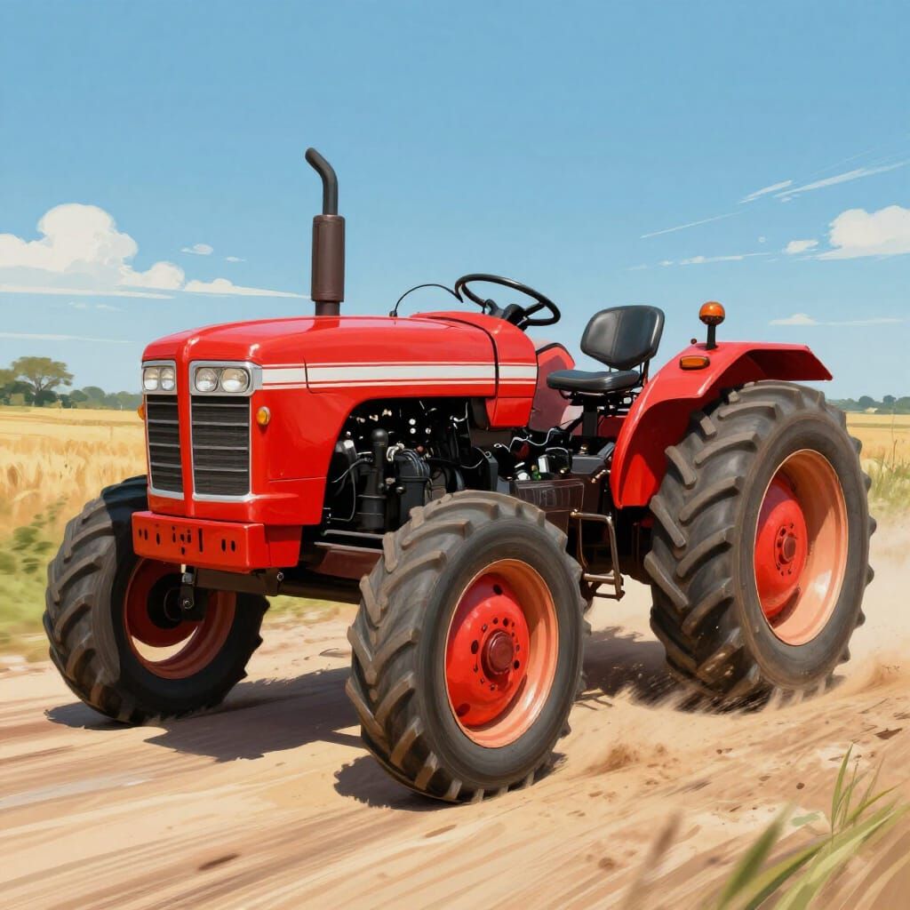Retro-Futuristic Red Tractor on Dusty Road