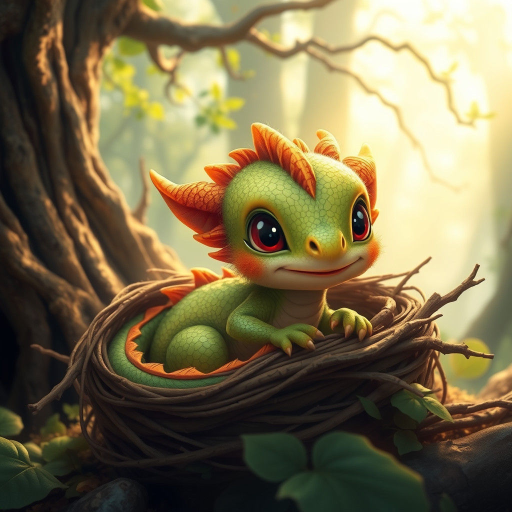 Adorable Dragon Hatchling in Whimsical Forest Art
