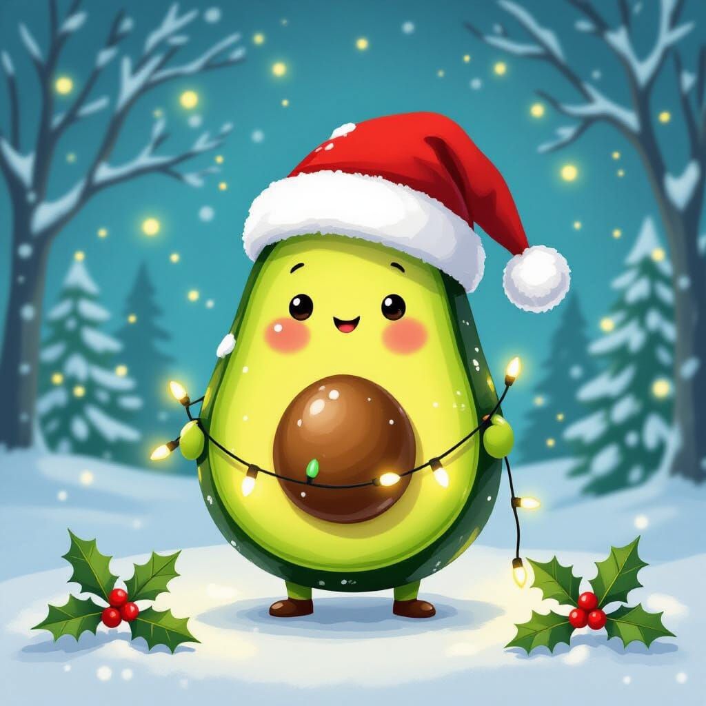Whimsical Santa Avocado in Snowy Christmas Scene