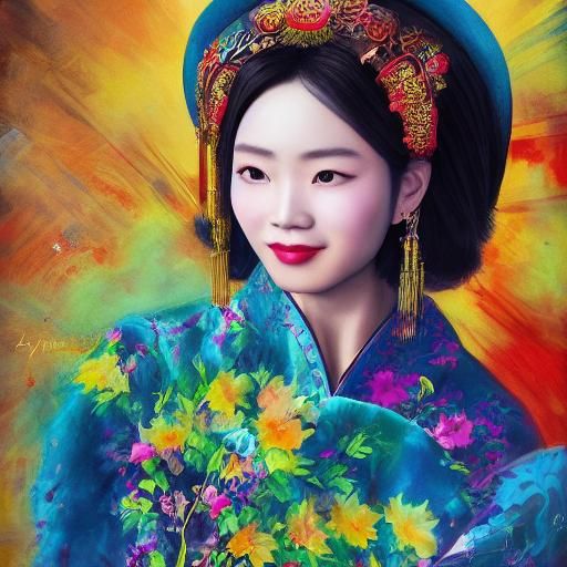 Beautiful Chinese Woman in Hyperrealistic Splash Art