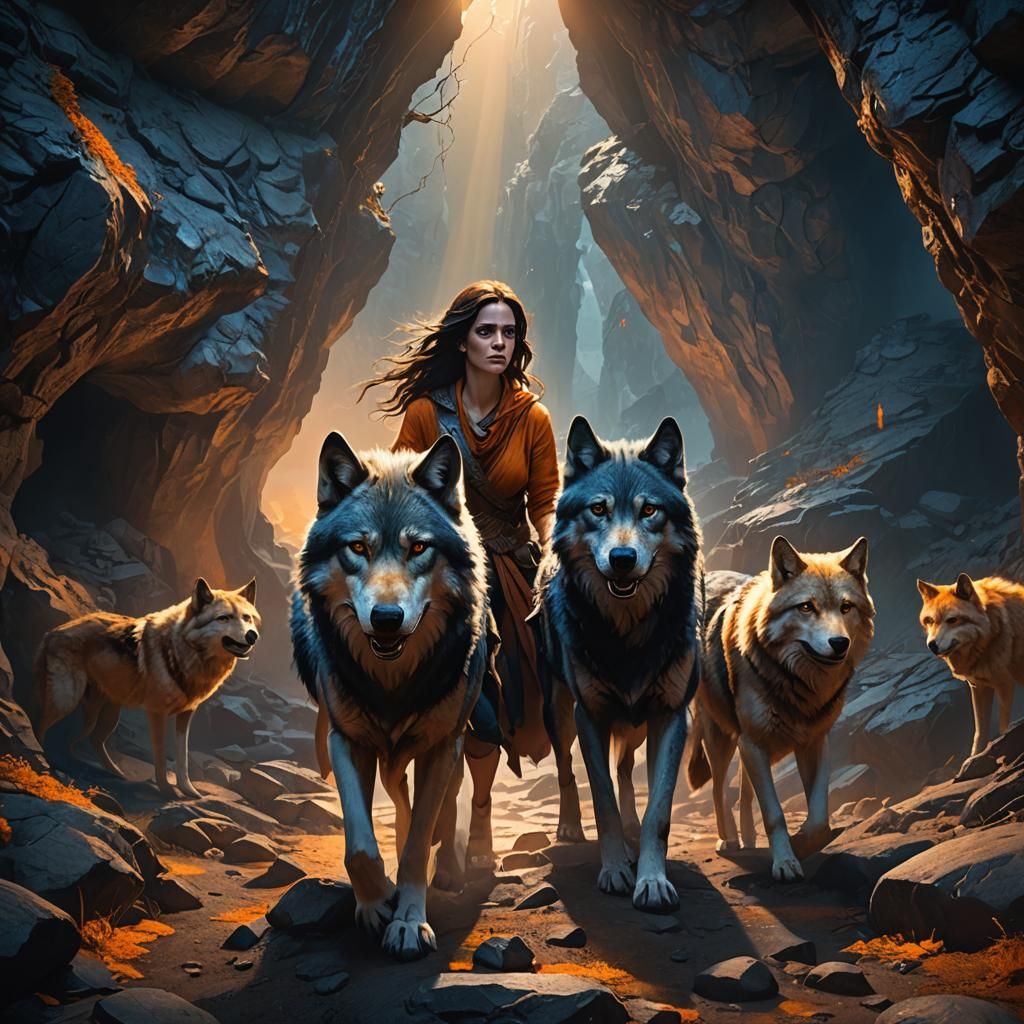 Mythological Cave Scene with Wolves, Fantasy Art