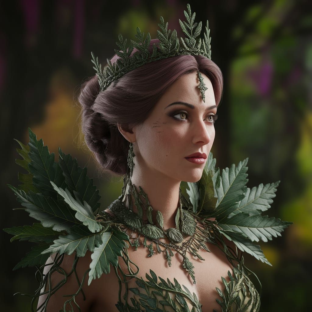 Forest Queen with Leafy Tiara in Hyperrealistic Style