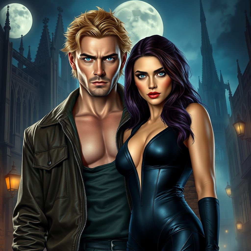 Majestic Hero in Moonlit Gothic Cityscape