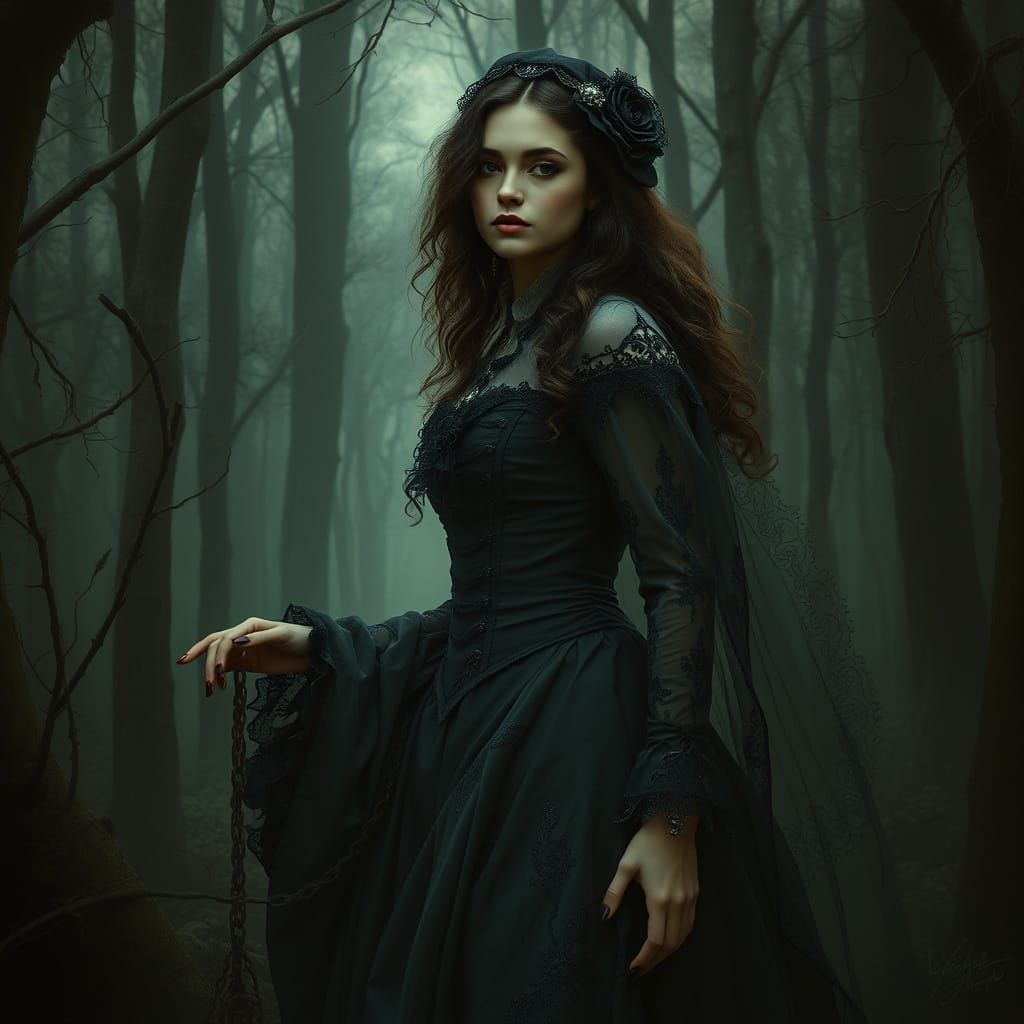 Mystical Woman in Victorian Dress in Ethereal Forest