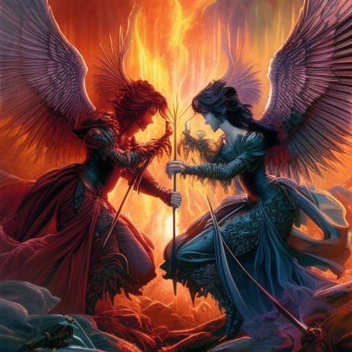 Angelic Battle in Hell with Glowing Auras