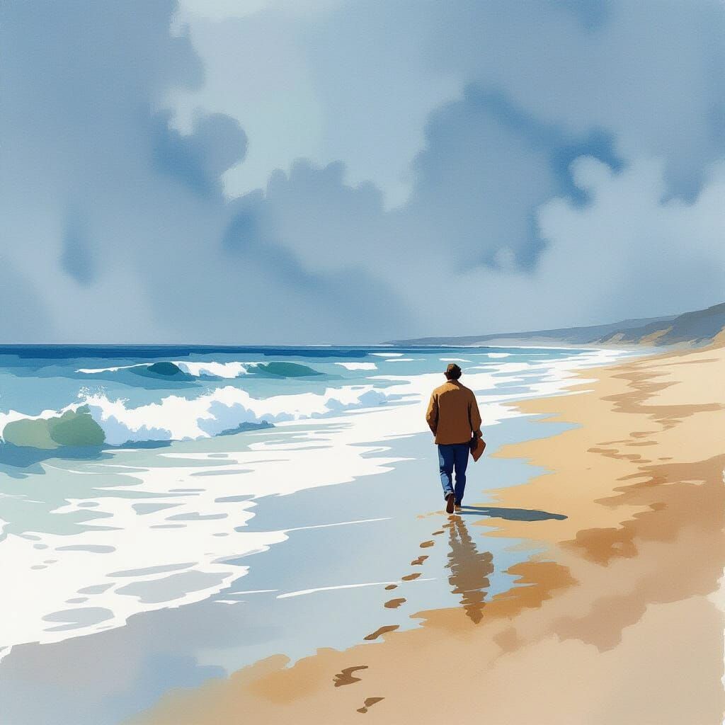 Serene Shoreline Walker in Watercolor Style