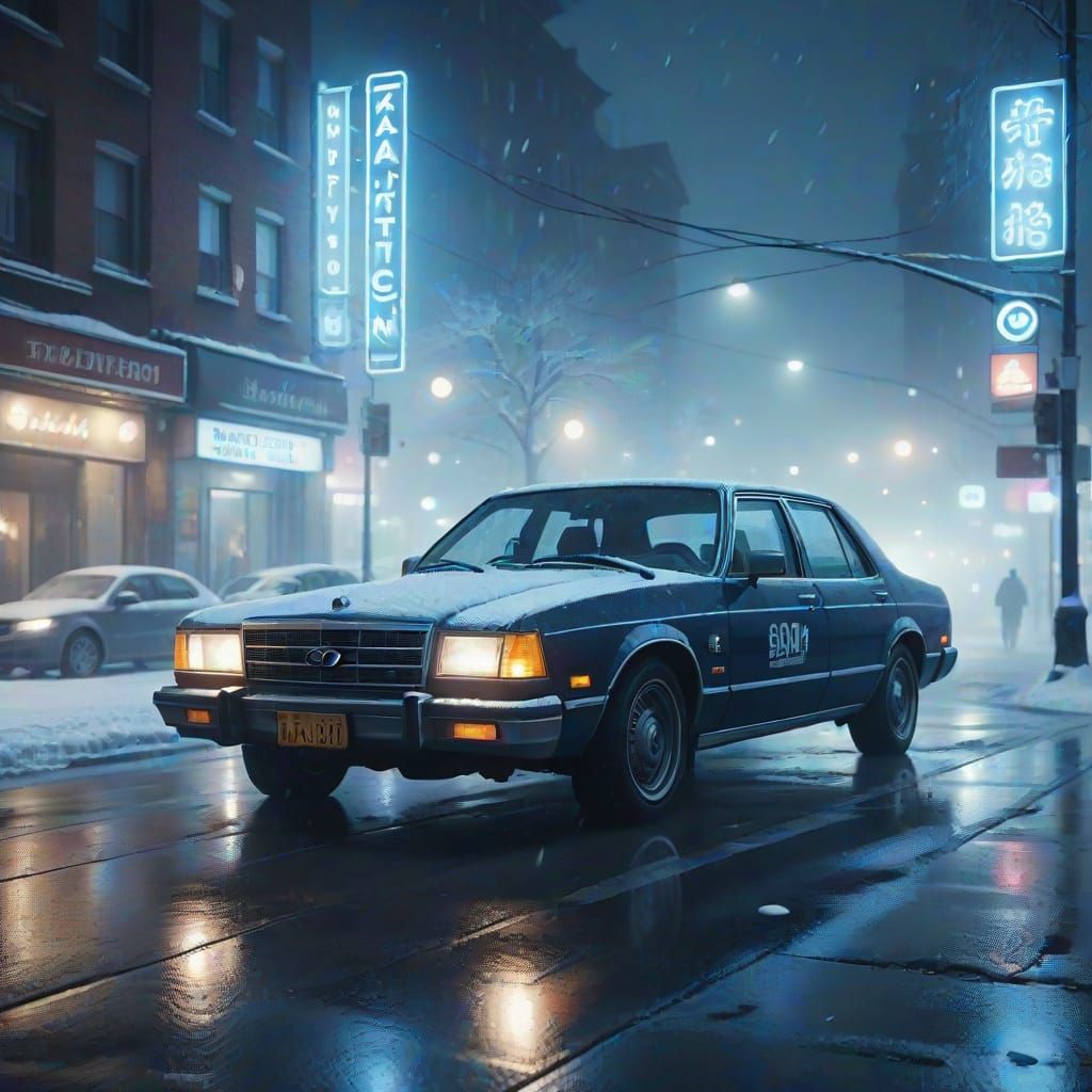 Foggy Snowy City at Night in Realistic Style