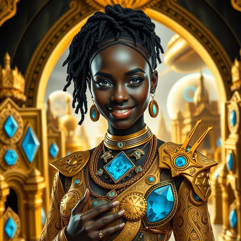 Futuristic Black Woman in Golden City, Photorealistic Style
