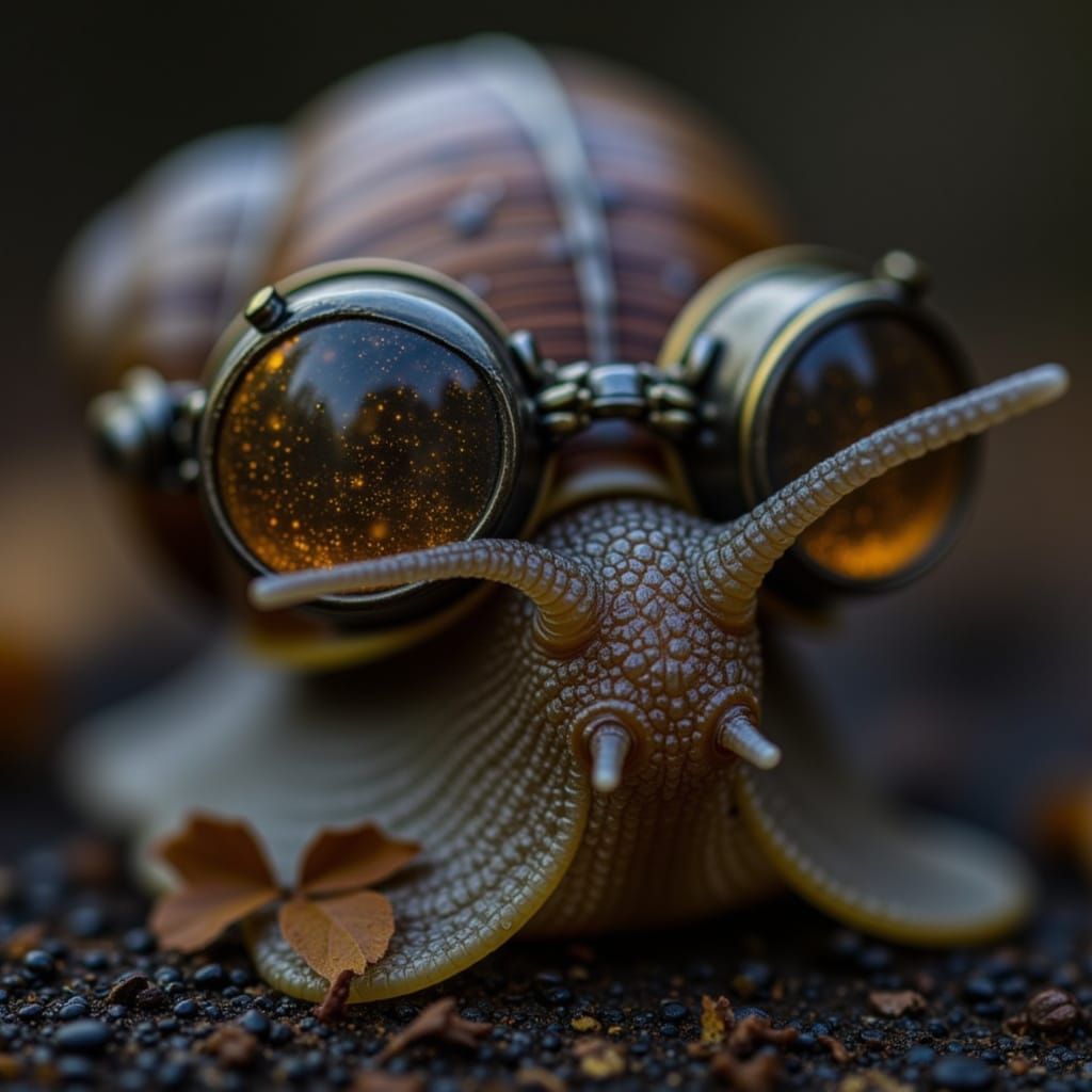 Snail in Steampunk Goggles Macro Photograph