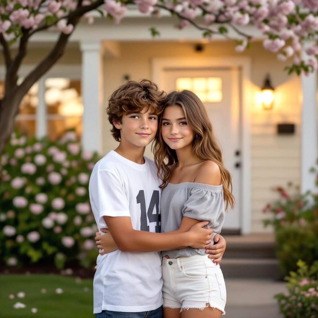 Teens Hugging at Sunset Near Suburban Home