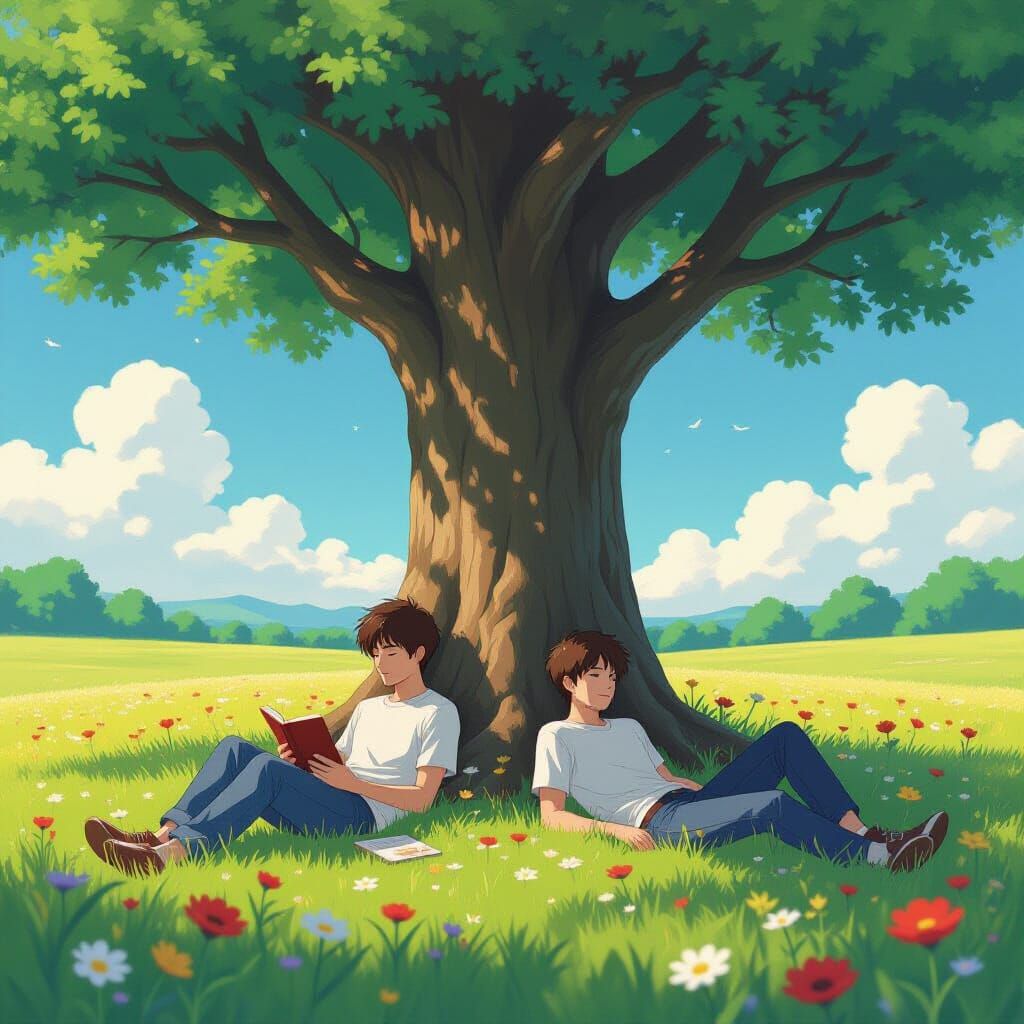Two Young Men Relax Under Oak Tree in Meadow