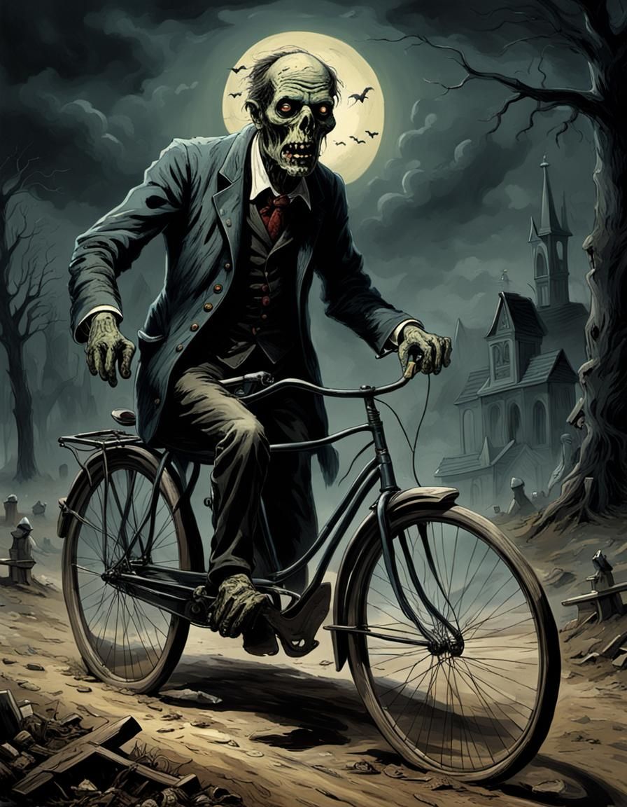 Zombie Rides Bike as Vultures Devour Carcass