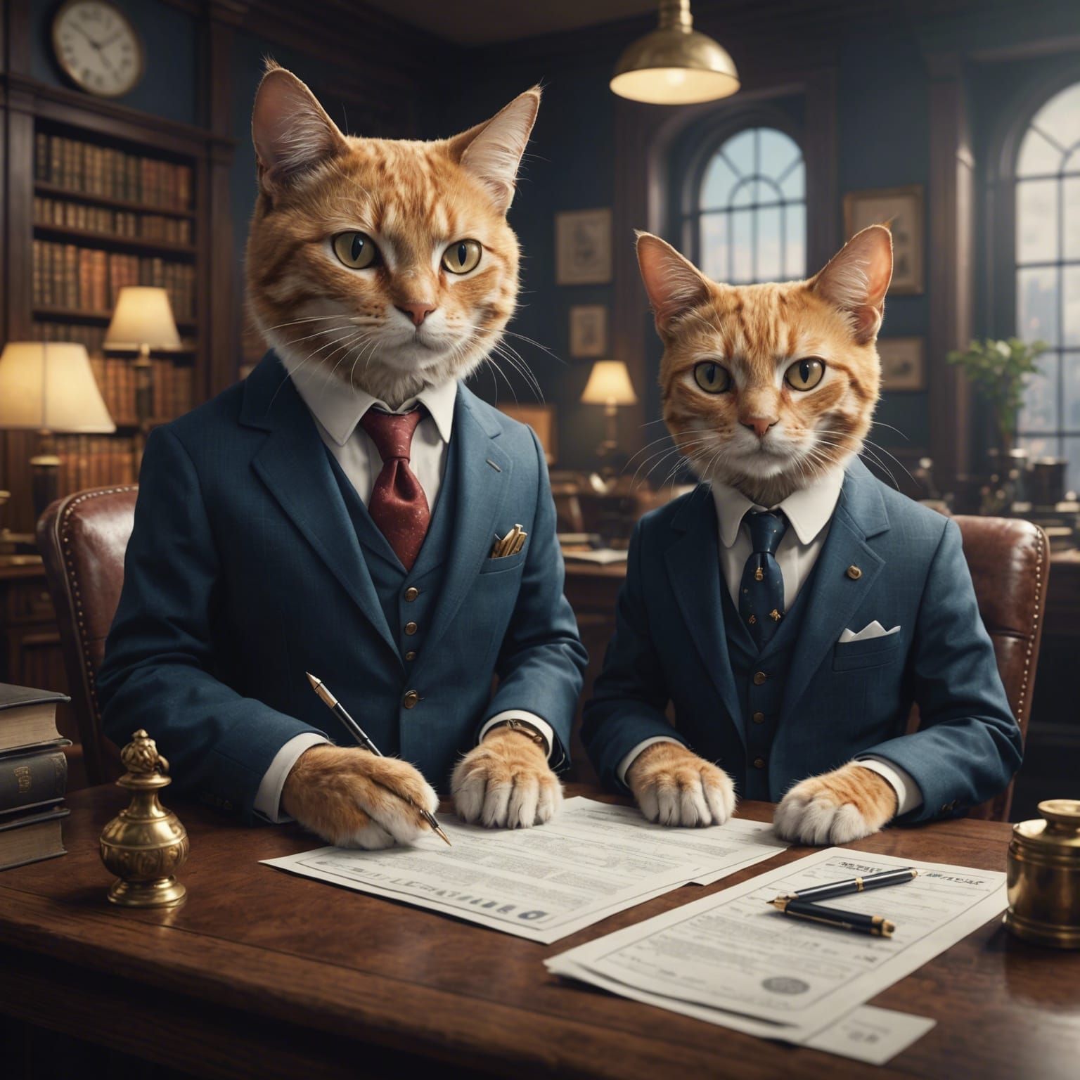 A cat in a suit helping a dog file their taxes