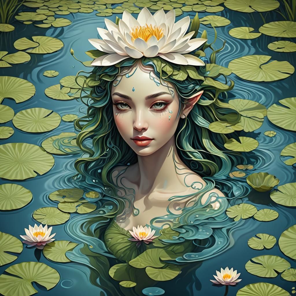 Water Fairy in Pond with Lily, Abstract Fractal Art