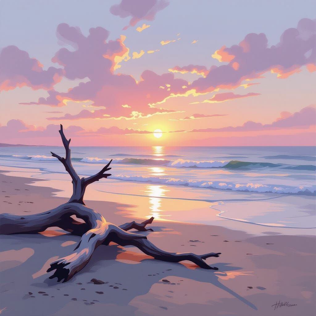 Serene Beach at Dawn with Driftwood Sculptures