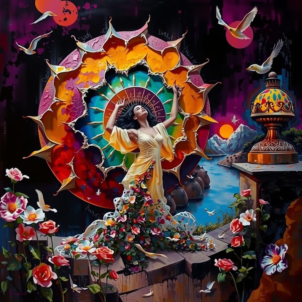 Woman Worships Sun in Surreal Abstract Expressionism