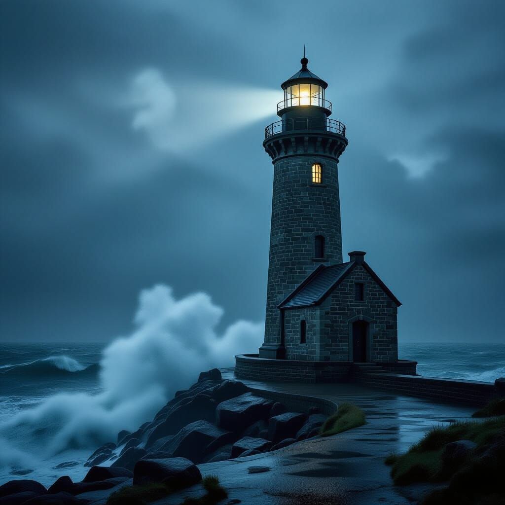 Ancient Lighthouse in Stormy Sea, Matte Painting Style