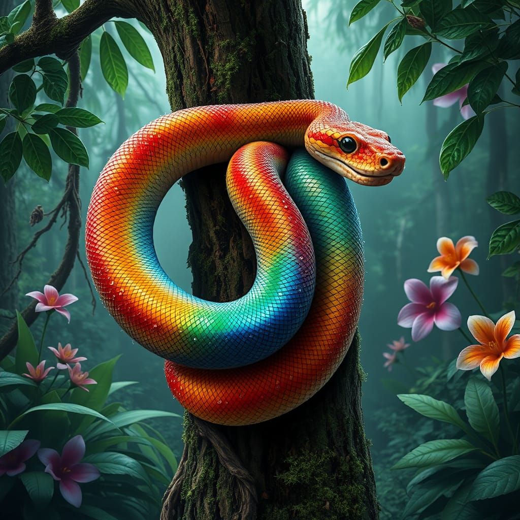 Rainbow Boa in Lush Rainforest Setting