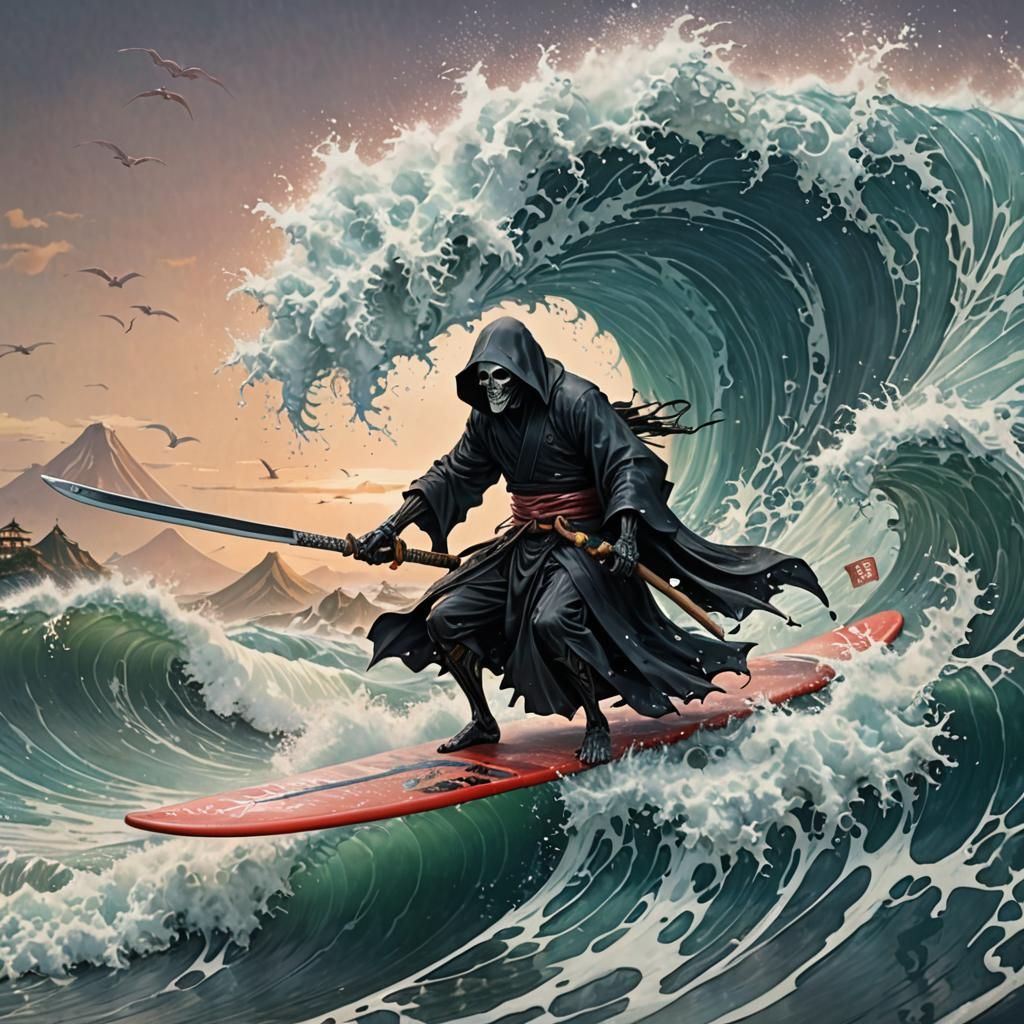 Grim Reaper Surfing Great Wave: Digital Art