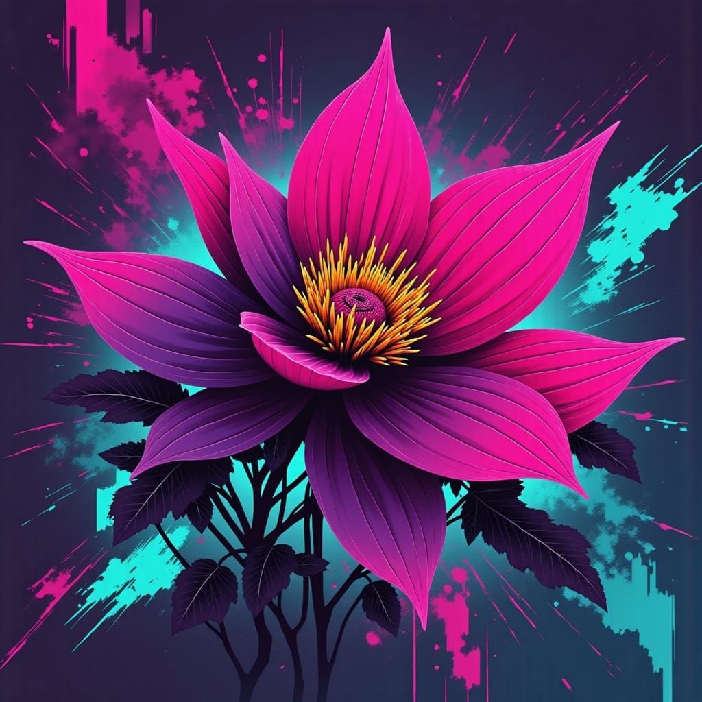 Vibrant Glitchcore Flower Blooms in Neon Hues