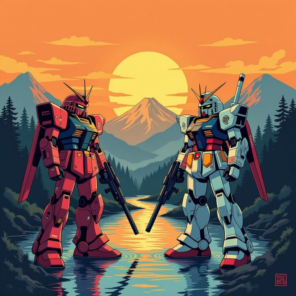 Gundam and Zaku Duel at Sunset in Ukiyo-e Style