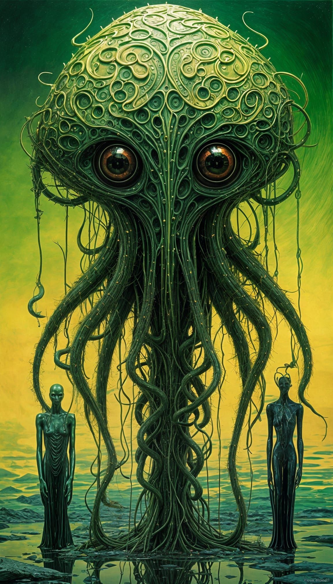 Surreal Green Pentapod Confronts Shiny Opponent in Dreamlike...