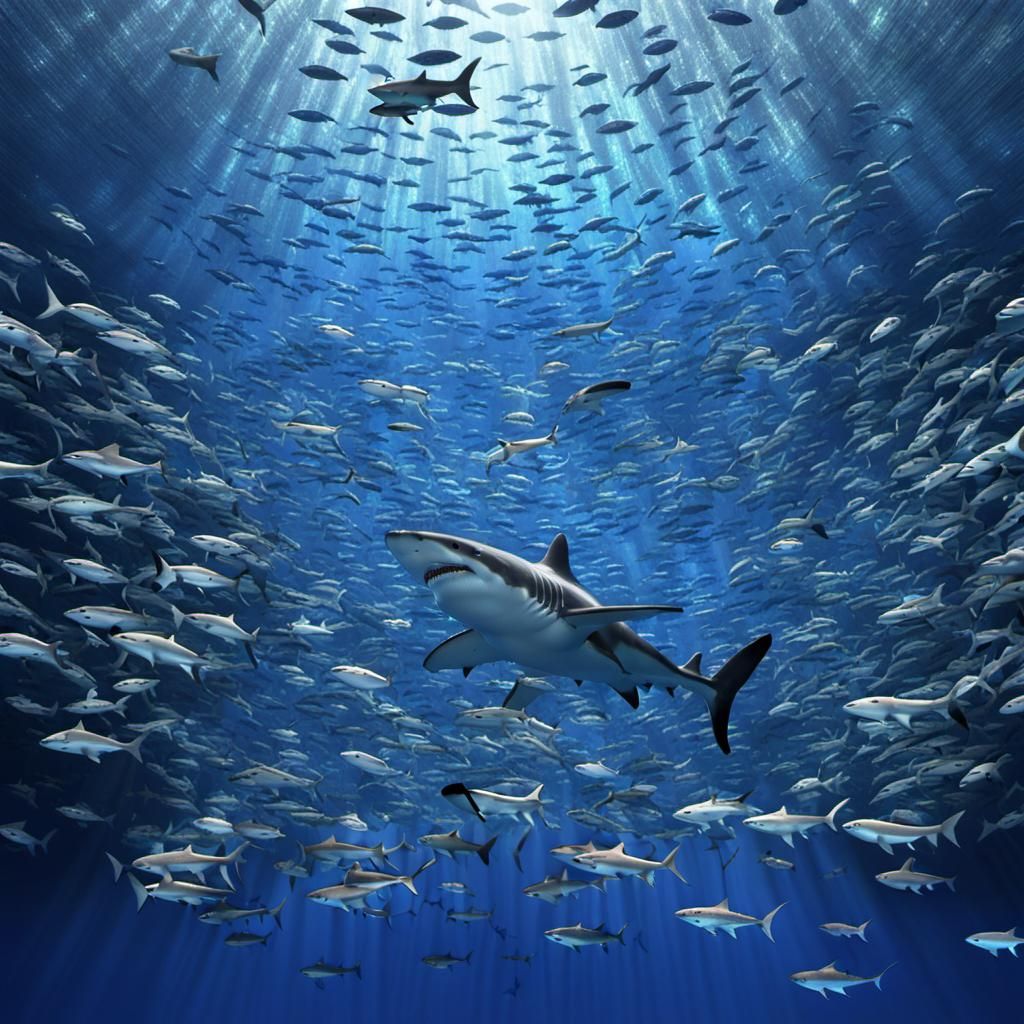 Shark in Shimmering School: 3D Digital Art