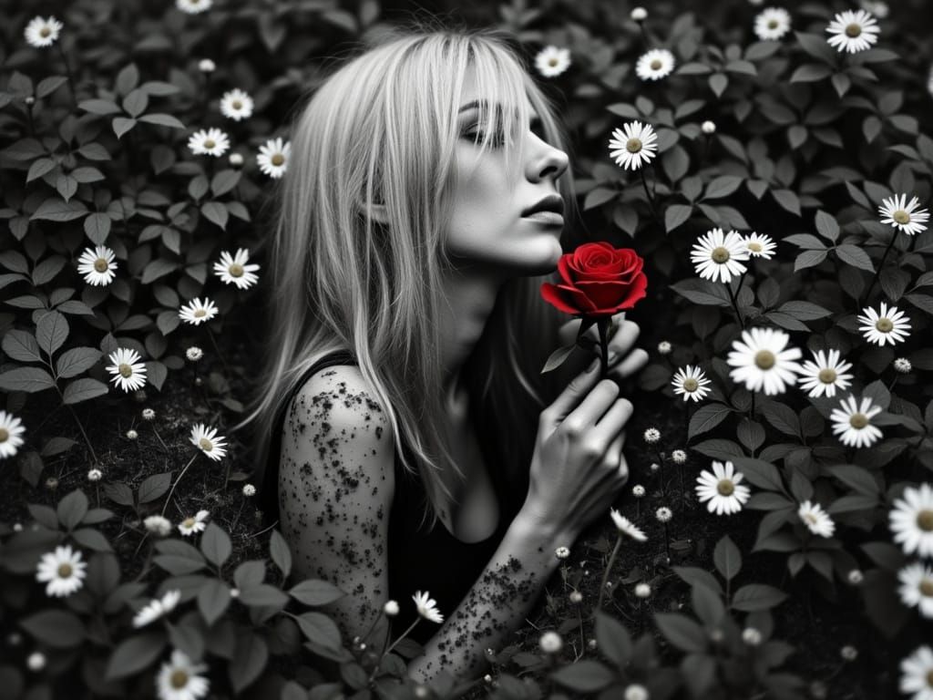Ethereal Woman Emerges with Rose: Spot Color Photorealism